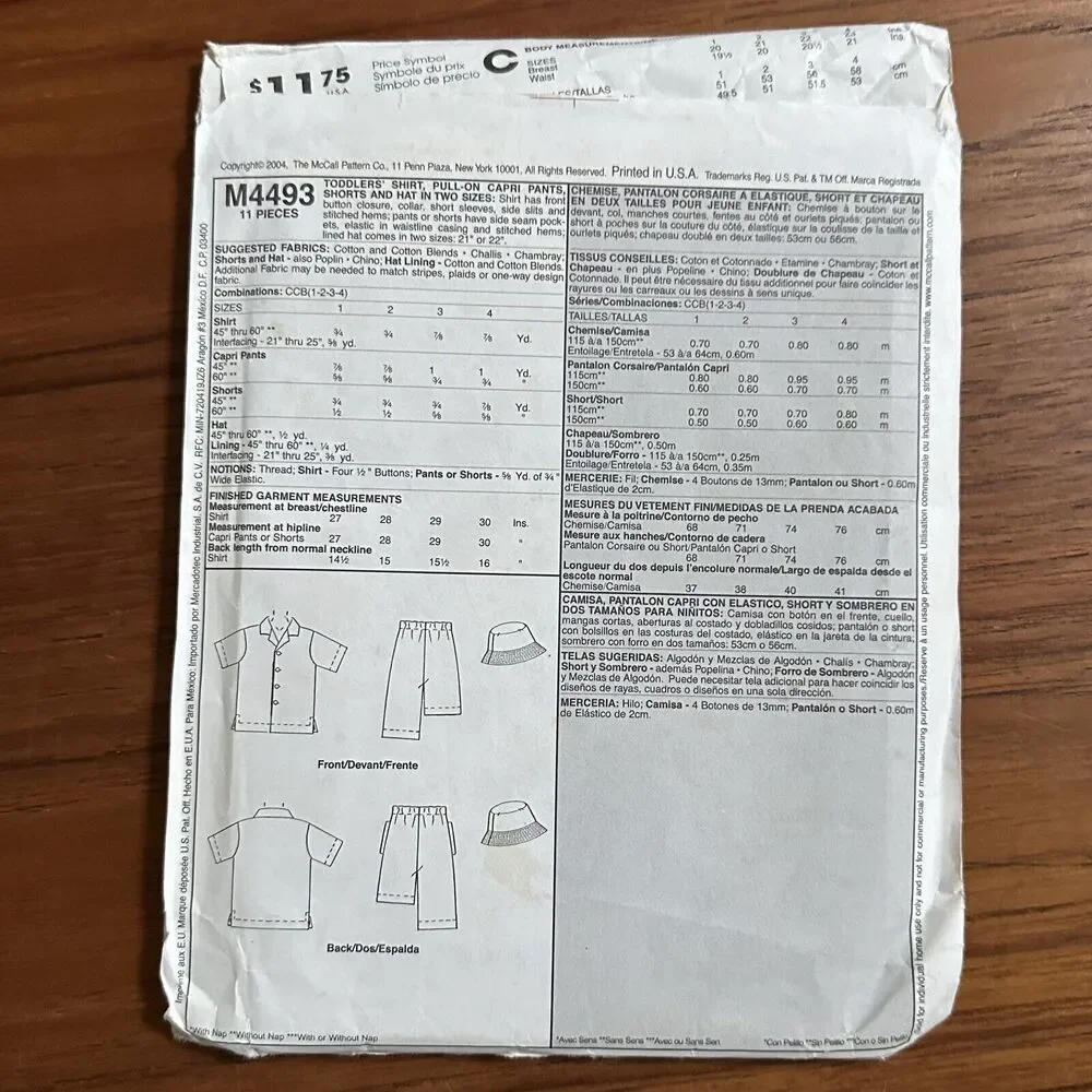 NEW McCalls Pattern M4493 Girls Shirt Shorts Pants, Easy Toddler Sz 1-4